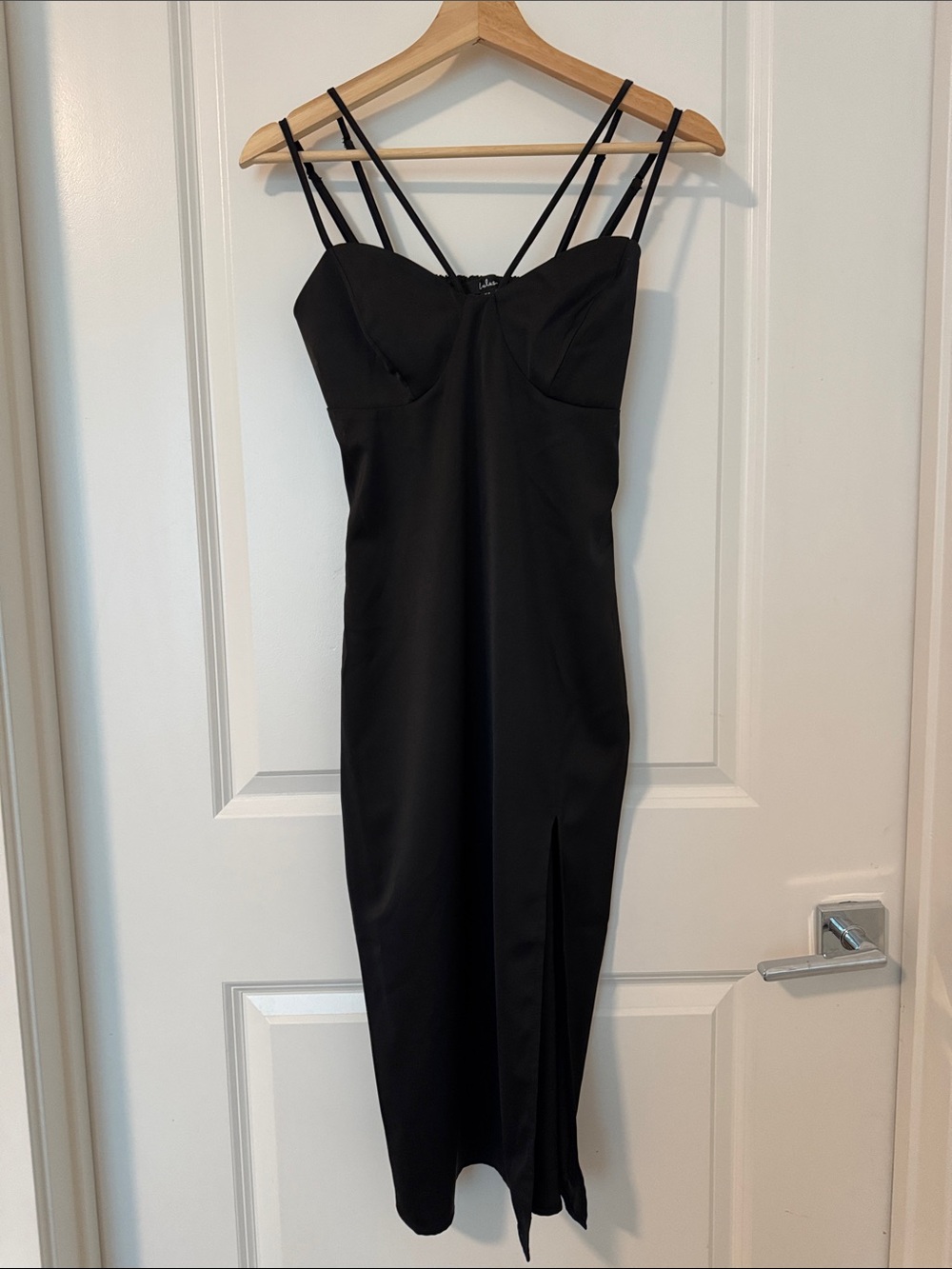 Lulus Satin Black Strappy Midi Slip Backless Dress